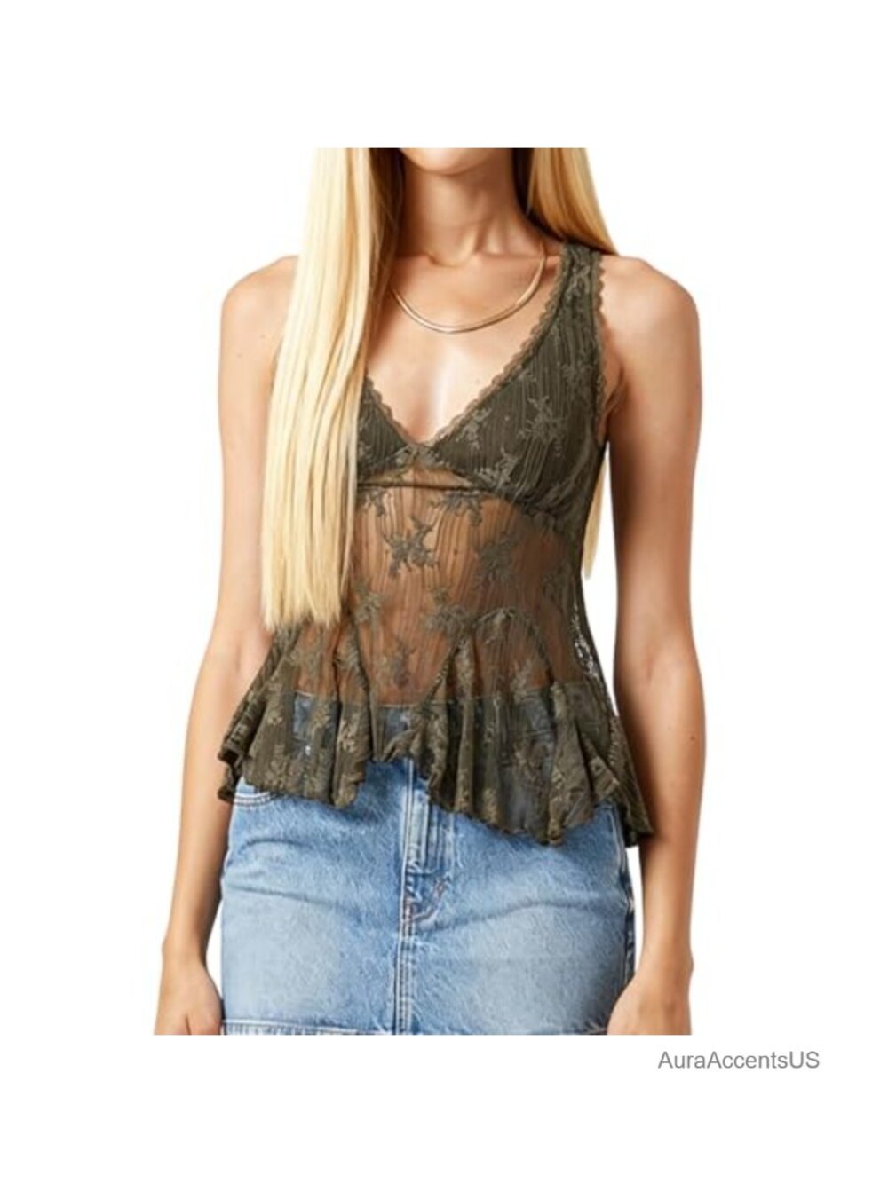 Women's Sheer Lace Peplum Tank Top Ruffle Hem Backless Deep V Neck Cottagecore
